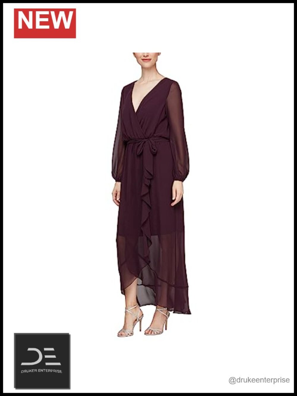 Chiffon V-Neck Wrap Dress with Cascade Ruffle